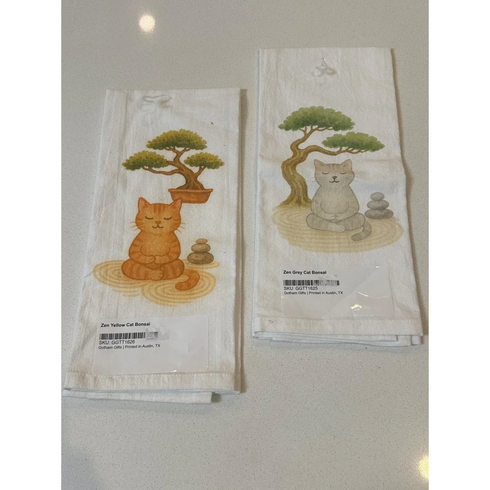 Gotham Gifts Zen Cat Bonsai Tea Towel Set of 2 Yellow & Grey Meditating Cats NEW